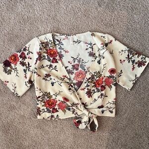 Xhilaration Floral Wrap Blouse - Cream and Burgundy